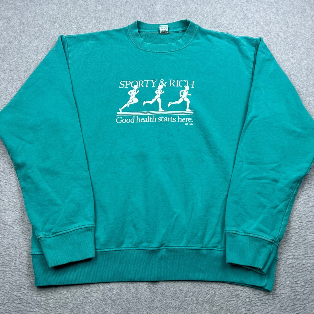 VTG Sporty & Rich Sweatshirt Medium Teal Graphic Good Health Starts Here USA